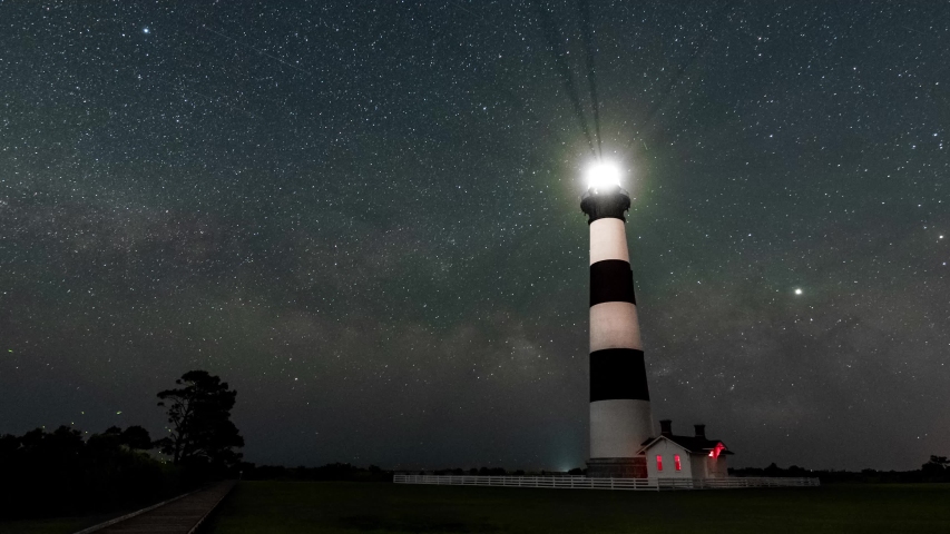 The Bodie Island Lighthouse along the Cape Hatteras National Seashore stands in front of a rising Milky Way.