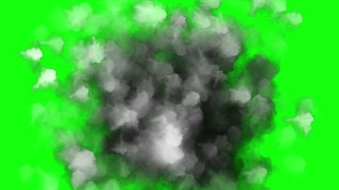 Black and gray smoke increasing effect on green screen in slow motion. Transition and expansion of fog on chroma key. Concept of burning, explosion, fire, pollution. 4k animation abstract background