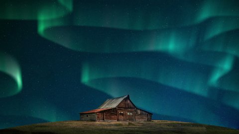 Aurora Borealis Green fluor Northern Lights and log cabin. Winter landscape with polar weather in Arctic, Norway,Canada,Finland,Iceland, Sweden. Starry night sky scenery background in 4k.
