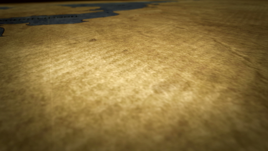 Brussels on retro map. Fast flight over old atlas chart with city marked by pushpin. Vintage texture maps 3D animation.