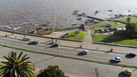 Aerial Drone Footage Rambla Parque Rodo Montevideo Uruguay