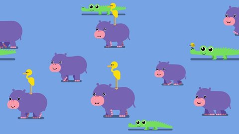 100 baby animals.Pattern with violet baby hippos, yellow herons alligators andand on a blue background walking in the same direction. Hippopotamus. Walk cycle 2D animation, loopable clip with alpha