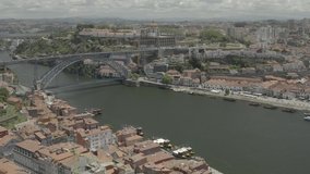 Douro river, Porto in Portugal, 4k aerial drone skyline ungraded / raw footage