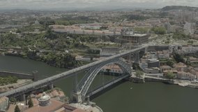 Douro river, Porto in Portugal, 4k aerial drone skyline ungraded / raw footage