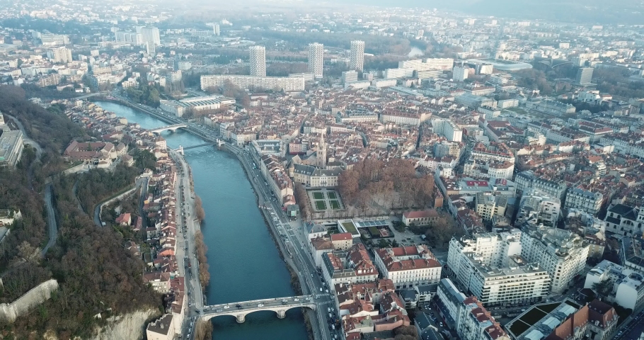Aerial view of historical center and embankment of Grenoble , France
 