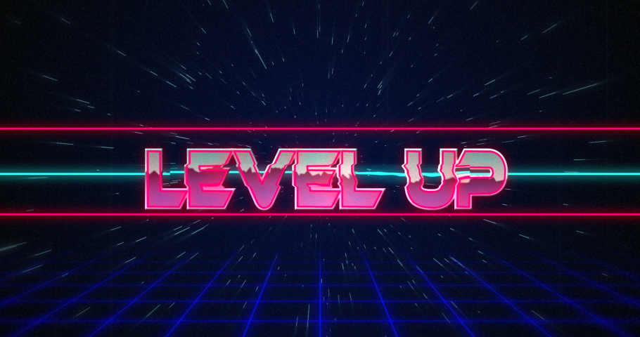 Animation of retro Level Up text glitching over blue and red lines against black background 4k Royalty-Free Stock Footage #1033574141
