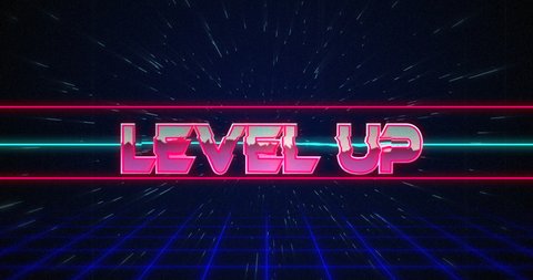 Animation of retro Level Up text glitching over blue and red lines against black background 4k
