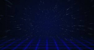 Animation of retro Start text glitching over blue and red squares against black background 4k