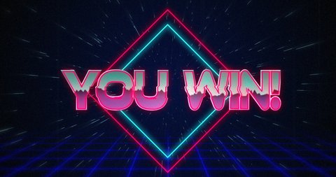 Animation of retro You Win text glitching over blue and red squares against black background 4k