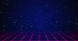 Animation of white particle coming from the blue background above pink squared floor 4k