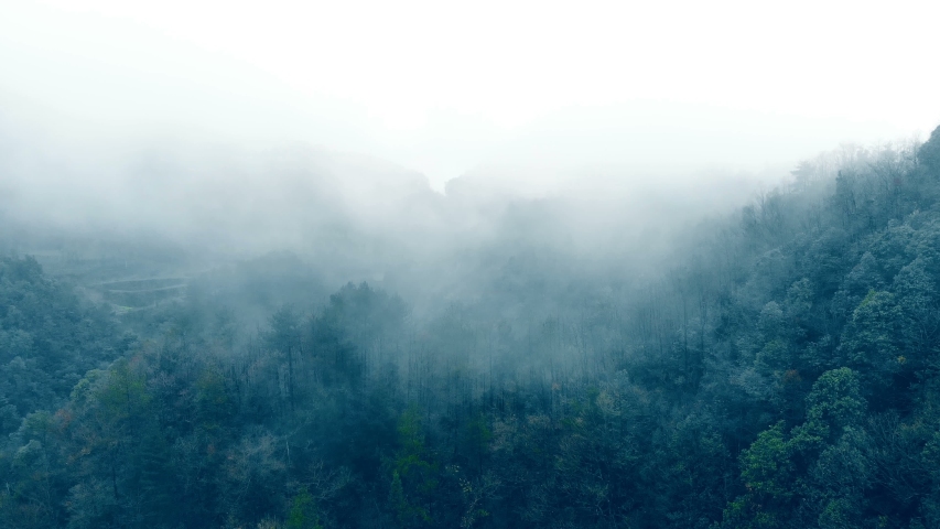 Aerial view of mountain under fog