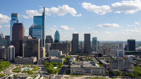 Smooth hyperlapse timelapse of Philadelphia city skyline featuring Comcast and City Hall
