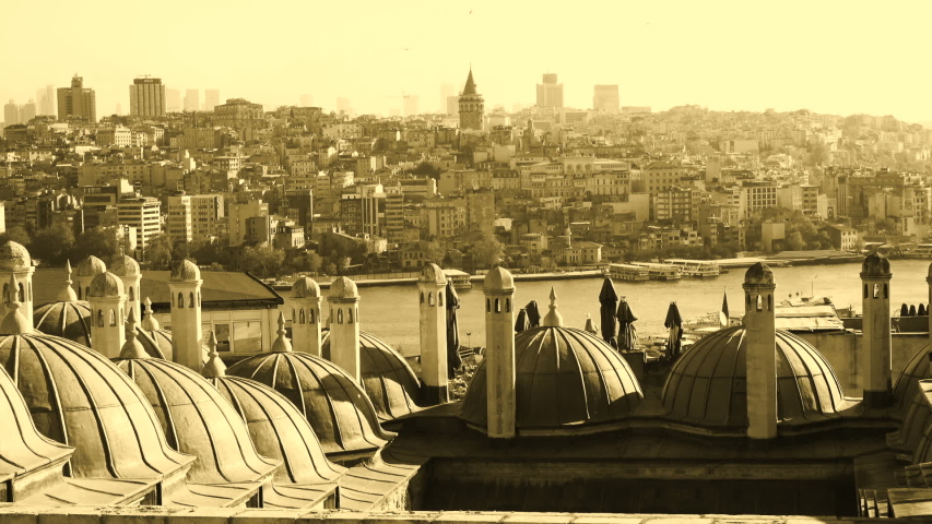 Black and white video. Panorama of old Istanbul Turkey Istanbul.
