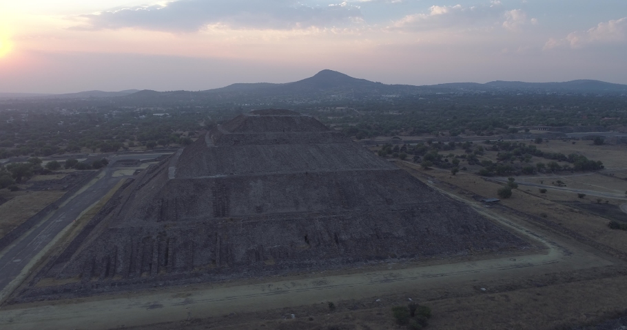 aerial shot, Pyramids of Teotihuacan, Mexico at sunset
