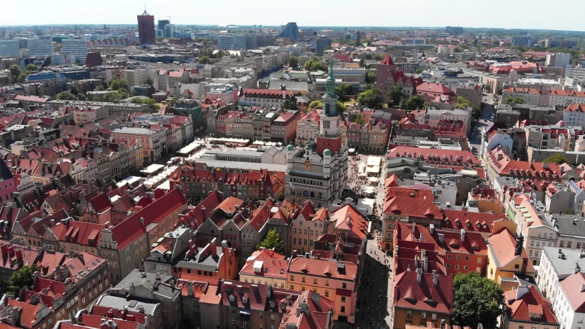 Aerial View Of Poznan Poland, historic buildings and old town on a sunny day 4K