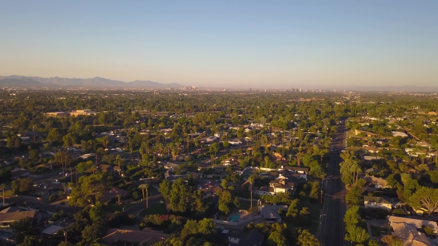 Aerial view of phoenix cityscape at sunrise 