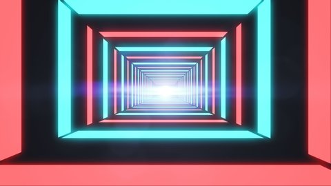 Abstract neon futuristic tunnel. 3d High Tech Tunnel loop. spaceship interior. Dark futuristic corridor with neon lights. Laser abstracts futuristic Background. Neon lights vintage passage loop