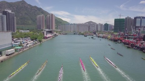 HONG KONG - JUN 7, 2019: Dragon boat racing during Dragon Boat Festival, Dragon boat racing is a popular traditional Chinese sport in Hong Kong.