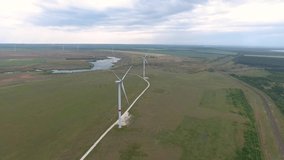Aerial view of wind turbines on the peninsula of Crimea, Russia.