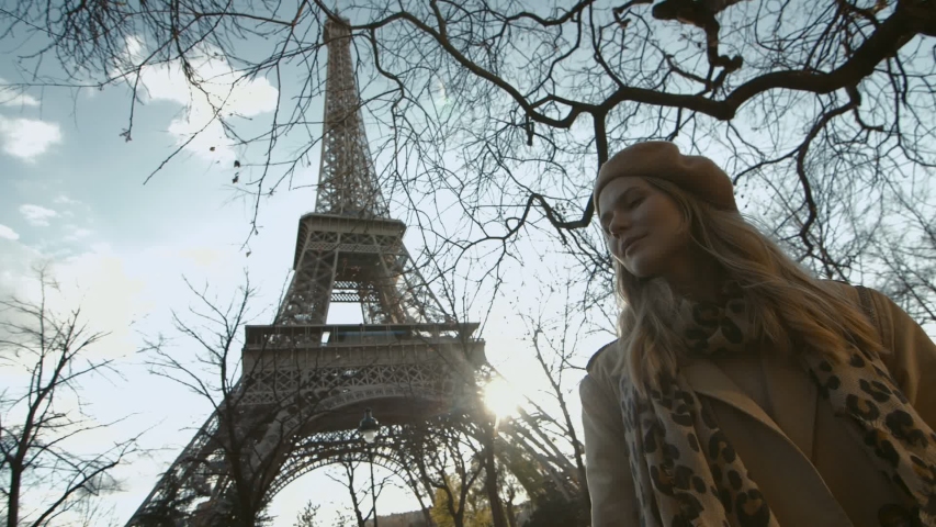 Beautifu Girl In Paris With Eiffel Tower On Background