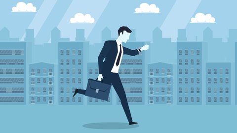 Blue Style Businessman Run Cycle with Briefcase Flat Cartoon Character Animation 库存视频