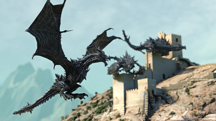 Black Dragons on the Castle Mountains Background Close up 3D Rendering Animation 4K