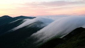 Amazing morning fog in mountains. Timelapse of beautiful Ukrainian Carpathians. UHD 4K video
