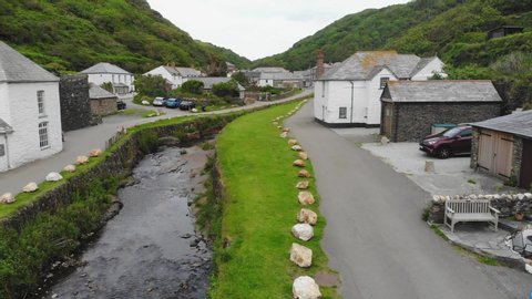 Drone footage above the River Valency in the picturesque fishing village of Boscastle in Cornwall, South England.