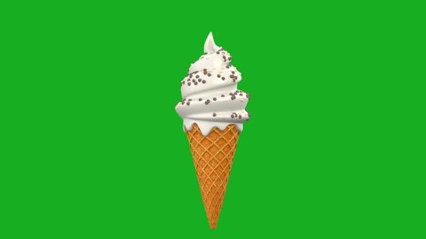 Realistic 3d model ice cream with waffle cone rotated around an axis. Pour downs crispy balls on top. Green screen background. 4K loop animation.
