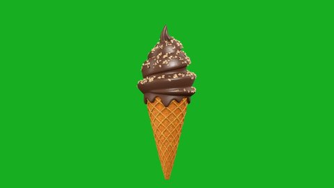 Realistic 3d model ice cream with waffle cone rotated around an axis. Pour downs nuts on top. Green screen background. 4K loop animation.
