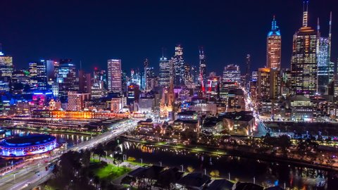 Aerial Hyperlapse of Night CBD at Flinders St in Melbourne, Australia