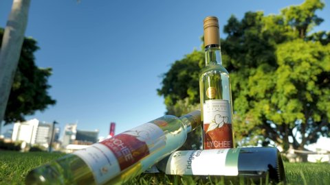 brisbane, qld / Australia - 07 05 2019: lyche wine drink setting on grass for picnic / bbq party