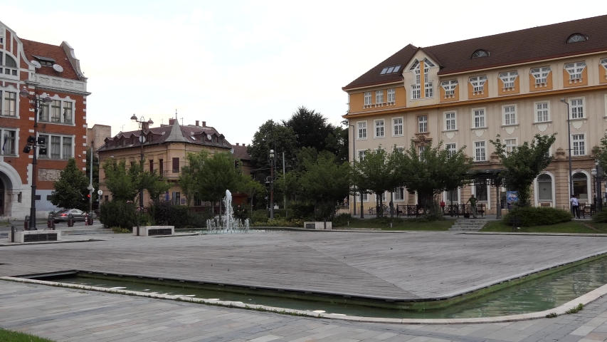 Fountain. Heroes Square in Miskolc, Hungary.