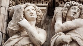 Beautiful Duomo di Milano in close up.White marble stone sculptures and statues in exterior design of ancient catholic church in center of Milan city in Italy.Gothic architecture style in details