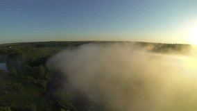 Very beautiful  fly over  wood and  fog in sunlight . Aerial