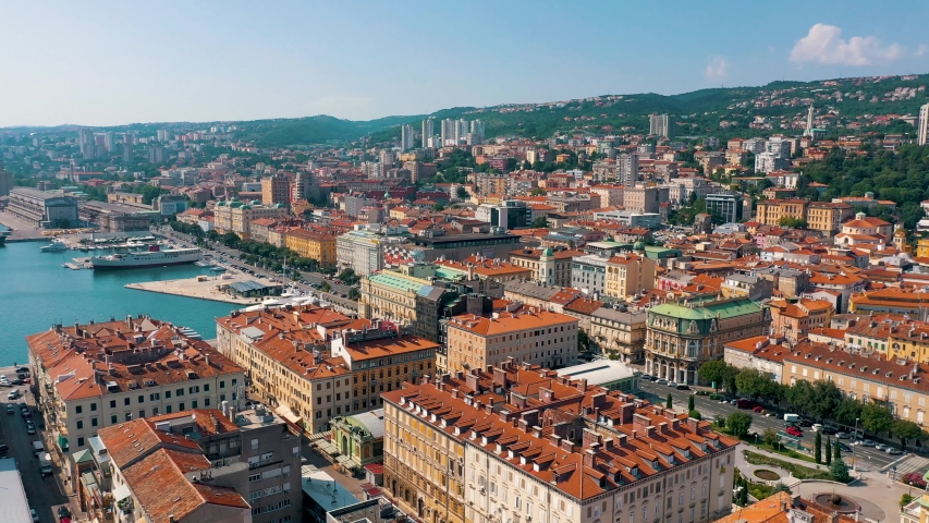 RIJEKA, CROATIA - MAY, 2019: Aerial view drone shot of Rijeka city on Adriatic Sea shore. Old city centre from above.
