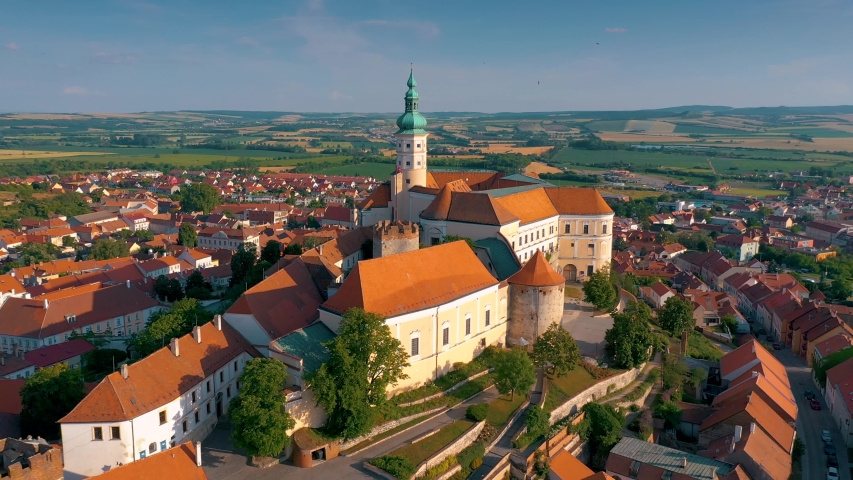 Aerial view of Mikulov Castle and old town centre of Mikulov from above, South Moravia, Czech Republic.