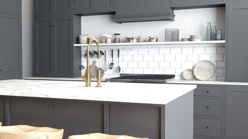 Luxury black kitchen interior - 3d Rendering Royalty-Free Stock Footage #1033723409