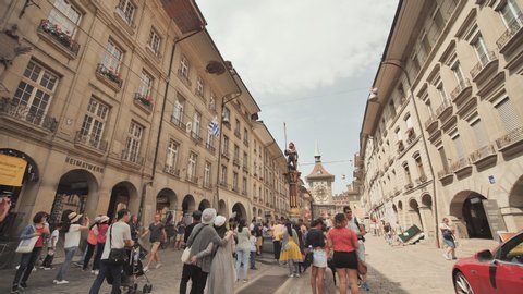 Bern, Switzerland - August 6, 2018: Popular tourist streets of the city of Bern. Switzerland.