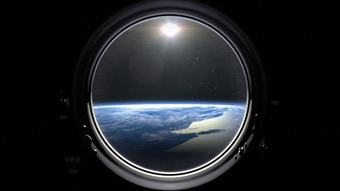 Earth as seen through window of International space station. Flight Of The Space Station. The earth rotates backward. Realistic atmosphere. Volumetric clouds. View from space. Starry sky. 4K.