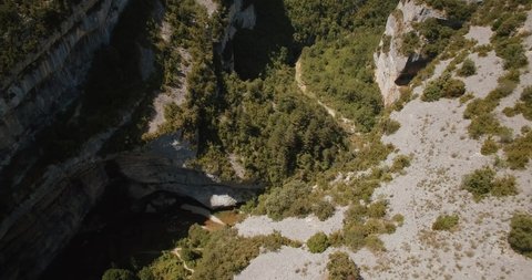 Aerial, Barranco De Argatin At Rio Vero, Pyrenees, Spain. Graded and stabilized version. Watch also for the native material, straight out of the camera.