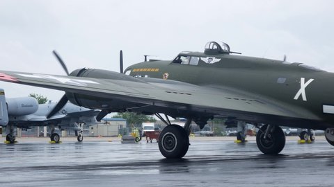 FORT WAYNE, INDIANA / USA - June 8, 2019: A World War II era B-17 Flying Fortress taxis in to park at the 2019 Fort Wayne Airshow.