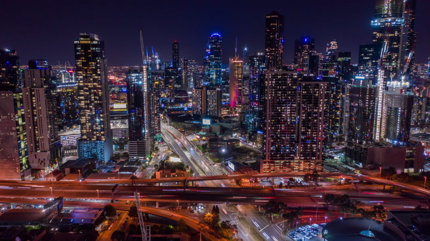 Aerial Hyperlapse of night highway traffic at Southbank, Melbourne, Australia.