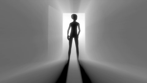 Alien silhouette in front of open door with light beams and shadow, extraterrestrial with long arms and big head.
