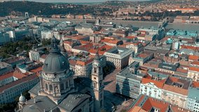 BUDAPEST, HUNGARY - MAY, 2019: Aerial panorama drone view of Budapest city historical centre with beautiful architecture. Significant tourist sites from above.