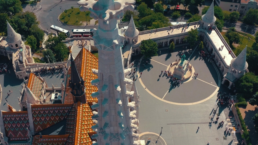 BUDAPEST, HUNGARY - MAY, 2019: Aerial panorama drone view of Budapest city historical centre with beautiful architecture. Significant tourist sites from above.