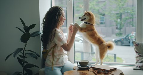 Happy young woman is dancing with pet dog sitting on window sill in cafe having fun enjoying music and animal. Modern lifestyle, people and youth concept.