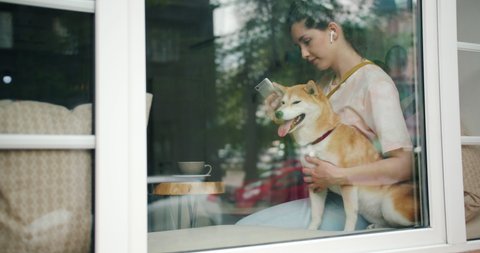 Girl enjoying music in wireless headphones using smartphone and petting dog in cafe sitting on window sill with adorable pet. People and technology concept.