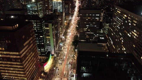 Aerial view of city at night. Great landscape. Famous Paulista Avenue, São Paulo, Brazil. Beautiful night's scenery.