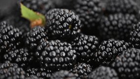 Blackberry closeup background. Fresh Ripe organic black berries rotation backdrop close-up. Bio Blackberries top view, closeup background. Macro shot. Market. Vegan food. Slow motion 4K UHD video